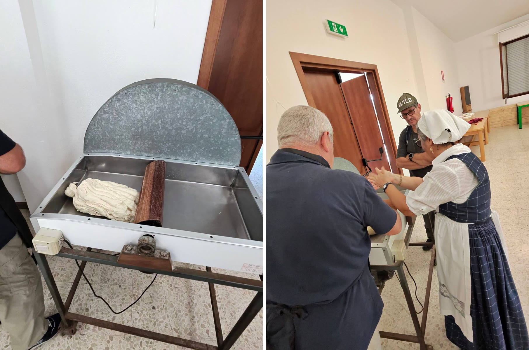 A sinistra la macchina con il cilindro di legno e l'impasto; a destra una maestra in abito tradizionale che lavora l'impasto al cilindro