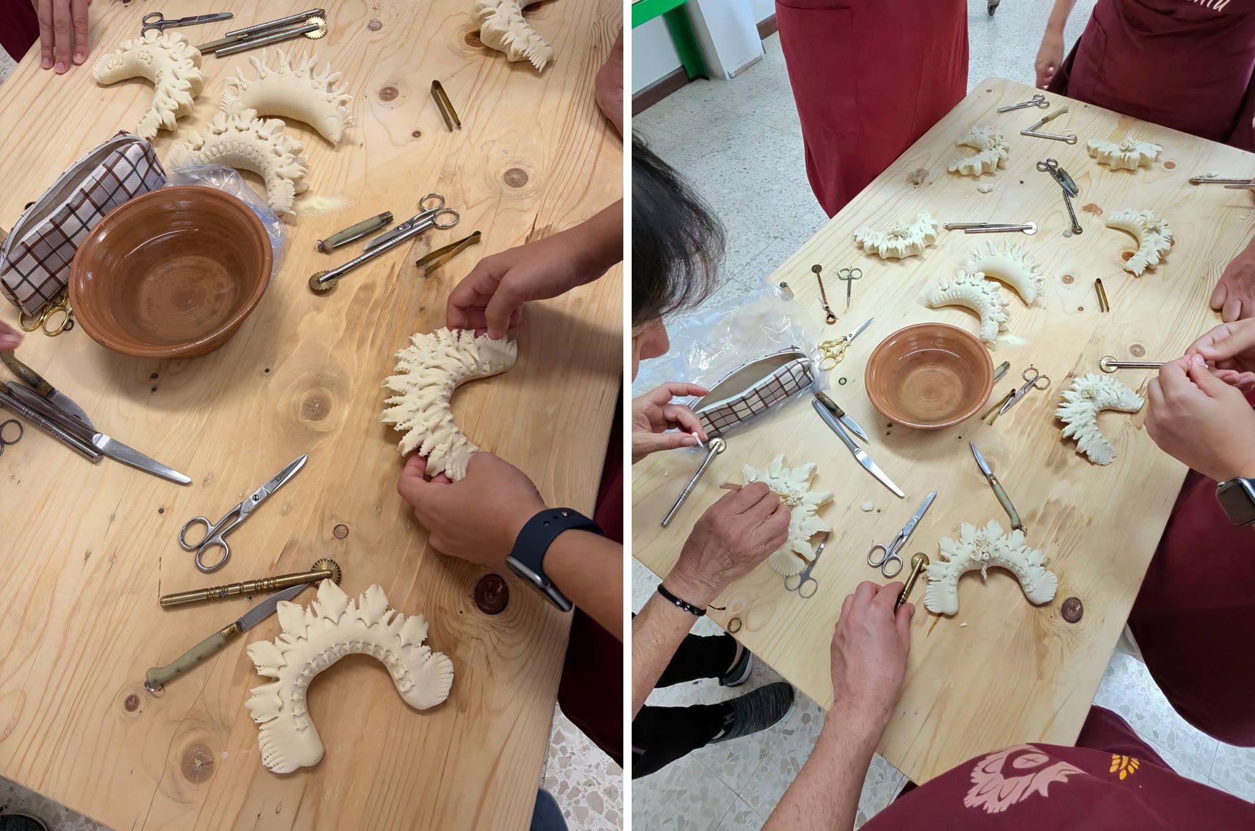 A sinistra mani che sistemano una forma di coccoi tra forbici e rotelle; a destra il banco del laboratorio con le forme decorate con le rose