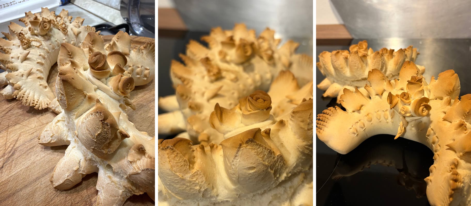 Tre foto dei coccoi del laboratorio cotti a casa, con le rose di pane dorate