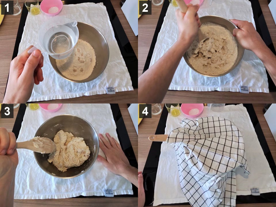 Metodo no knead in 4 fasi: acqua versata sulla farina con il lievito sbriciolato, si mescola con il cucchiaio, impasto grezzo senza farina asciutta, ciotola coperta con il canovaccio