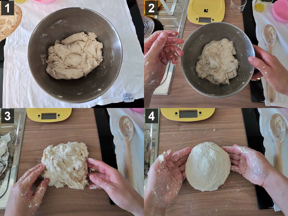 Metodo no knead, dopo il riposo in 4 fasi: impasto più liscio nella ciotola, sale e acqua lavorati in ciotola, impasto sul banco senza farina, chiuso a palla