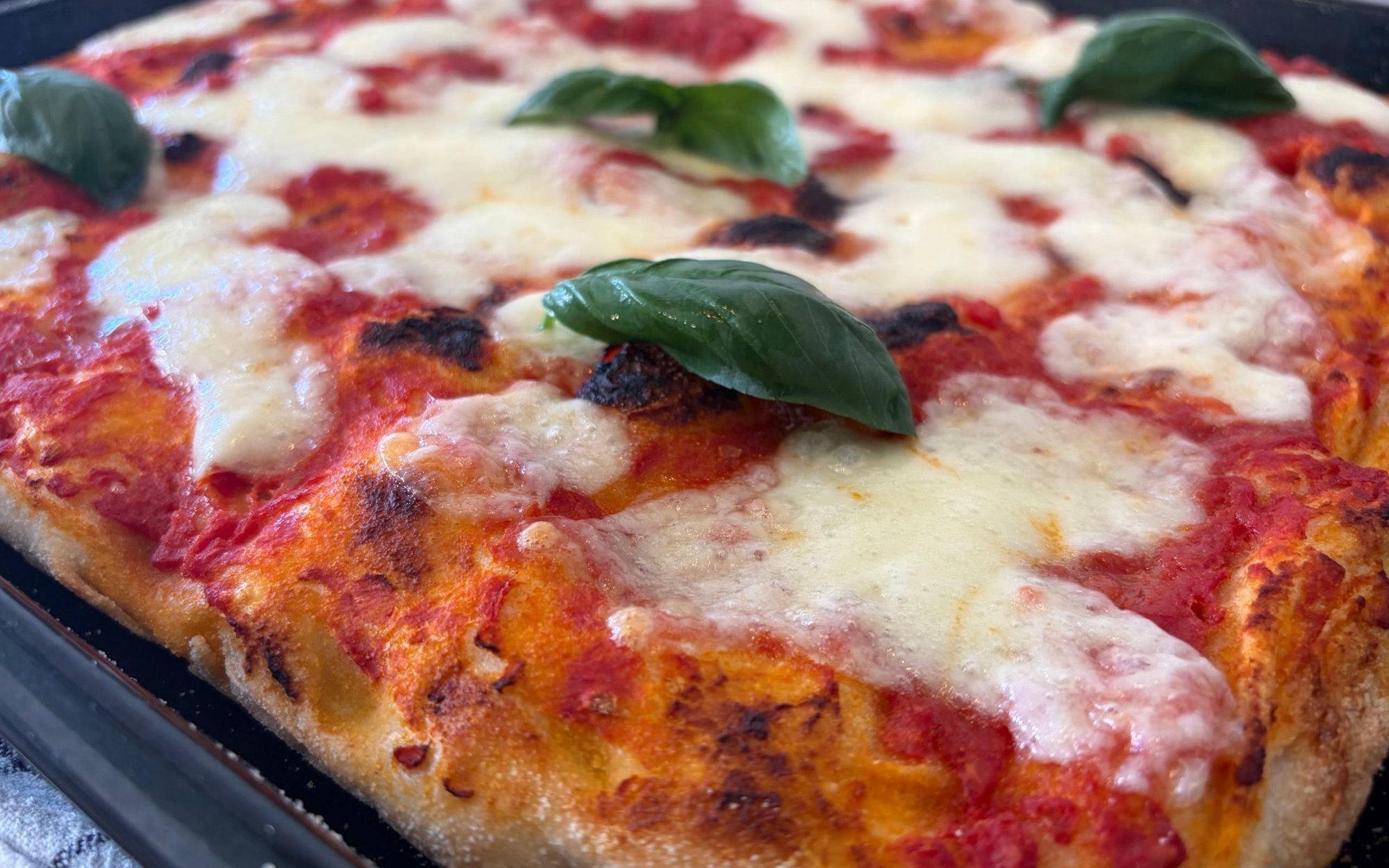 Pizza in teglia margherita appena sfornata, con la mozzarella sciolta e il basilico