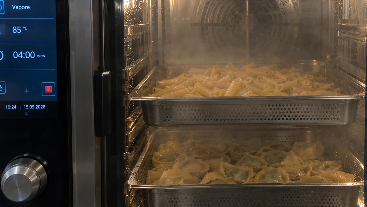 Pasta fresca e tortelli su teglie forate dentro un forno a vapore impostato a 85 °C